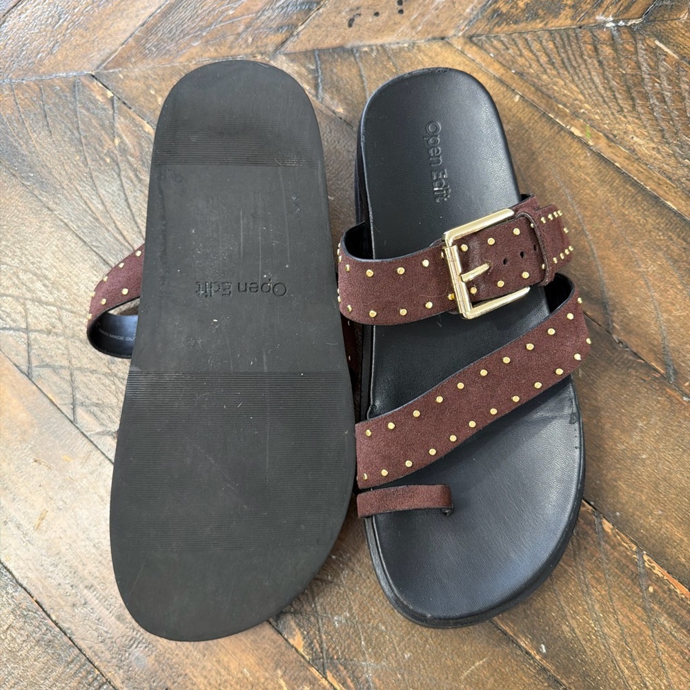Open Edit Suede feel toe Loop Buckle Brown Studded Sandals - Picture 4 of 4